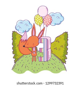 cute and little fox with balloons helium in the landscape