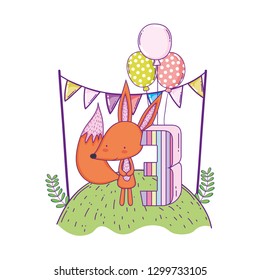 cute and little fox with balloons helium in the landscape