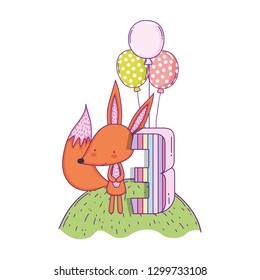 cute and little fox with balloons helium in the landscape