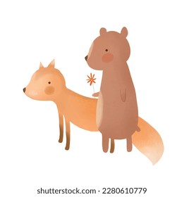 Cute Little Fox   Bear Holding Flower  Lovely Nursery Vector Art and Sweet Brown Teddy Bear   Fox White Background  Hand Drawn Woodland Print ideal for Card  Wall Art  Poster  Greetings  