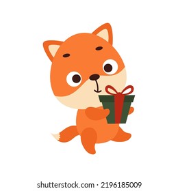 Cute little fox carries gift box on white background. Cartoon animal character for kids t-shirts, nursery decoration, baby shower, greeting card, invitation, house interior. Vector stock illustration