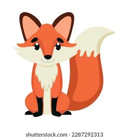 Cute little fox. Cartoon character. Vector. White background. Red-haired wild animal sitting. Closeup. 