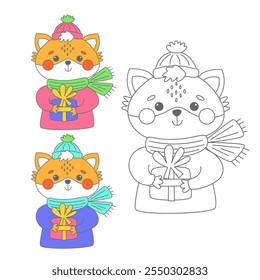 Cute little fox cartoon character coloring page vector illustration, coloring page for kids. 