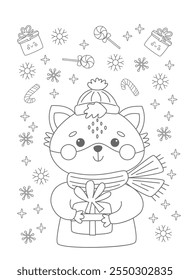 Cute little fox cartoon character with a present coloring page vector illustration, Christmas and Winter coloring page for kids.
