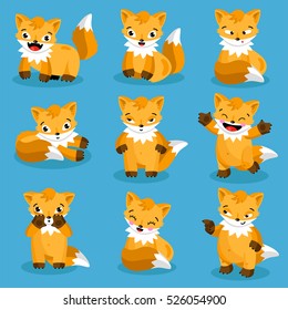 Cute little fox cartoon characters isolated vector illustration. Forest animal mascot. Activities fox with different emotions and poses. Friendly, smile fox, cheerful, sitting, standing, funny fox