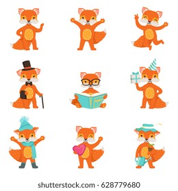 Cute little fox cartoon characters set for label design. Colorful detailed vector Illustrations