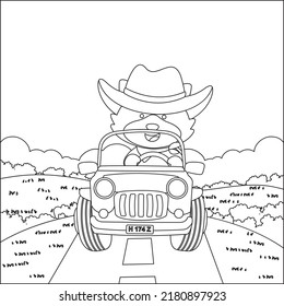 Cute little fox cartoon having fun driving off road car on sunny day. Cartoon isolated vector illustration, Creative vector Childish design for kids activity colouring book or page.