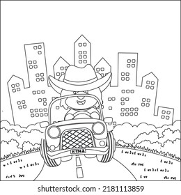 Cute little fox cartoon having fun driving off road car on sunny day. Cartoon isolated vector illustration, Creative vector Childish design for kids activity colouring book or page.