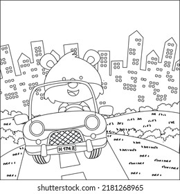 Cute little fox cartoon having fun driving off road car on sunny day. Cartoon isolated vector illustration, Creative vector Childish design for kids activity colouring book or page.