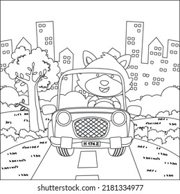 Cute little fox cartoon having fun driving off road car on sunny day. Cartoon isolated vector illustration, Creative vector Childish design for kids activity colouring book or page.