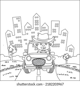 Cute little fox cartoon having fun driving off road car on sunny day. Cartoon isolated vector illustration, Creative vector Childish design for kids activity colouring book or page.