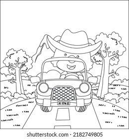 Cute little fox cartoon having fun driving off road car on sunny day. Cartoon isolated vector illustration, Creative vector Childish design for kids activity colouring book or page.