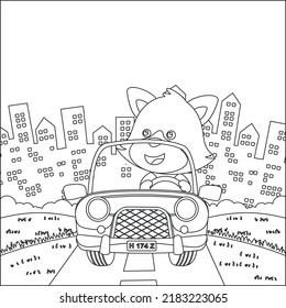 Cute little fox cartoon having fun driving off road car on sunny day. Cartoon isolated vector illustration, Creative vector Childish design for kids activity colouring book or page.