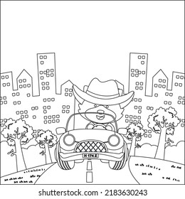 Cute little fox cartoon having fun driving off road car on sunny day. Cartoon isolated vector illustration, Creative vector Childish design for kids activity colouring book or page.