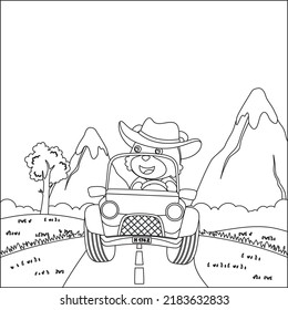 Cute little fox cartoon having fun driving off road car on sunny day. Cartoon isolated vector illustration, Creative vector Childish design for kids activity colouring book or page.