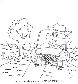 Cute little fox cartoon having fun driving off road car on sunny day. Cartoon isolated vector illustration, Creative vector Childish design for kids activity colouring book or page.