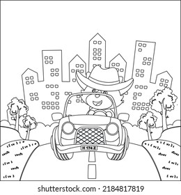 Cute little fox cartoon having fun driving off road car on sunny day. Cartoon isolated vector illustration, Creative vector Childish design for kids activity colouring book or page.