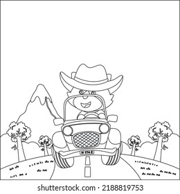 Cute little fox cartoon having fun driving off road car on sunny day. Cartoon isolated vector illustration, Creative vector Childish design for kids activity colouring book or page.