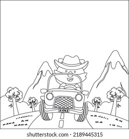 Cute little fox cartoon having fun driving off road car on sunny day. Cartoon isolated vector illustration, Creative vector Childish design for kids activity colouring book or page.