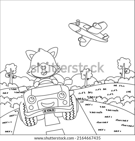 Cute little fox cartoon having fun driving off road car on sunny day. Cartoon isolated vector illustration, Creative vector Childish design for kids activity colouring book or page.