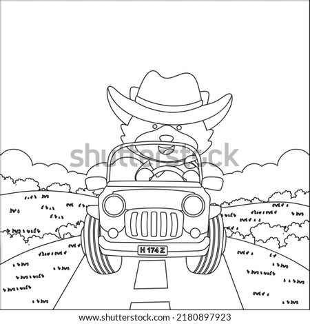 Cute little fox cartoon having fun driving off road car on sunny day. Cartoon isolated vector illustration, Creative vector Childish design for kids activity colouring book or page.