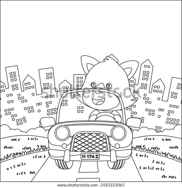 Cute\
little fox cartoon having fun driving off road car on sunny day.\
Cartoon isolated vector illustration, Creative vector Childish\
design for kids activity colouring book or\
page.