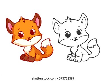 Cute little fox. Cartoon vector character isolated on a white background with black outline.