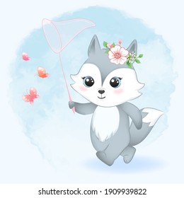 Cute little fox and catching butterflies with net hand drawn cartoon animal watercolor illustration