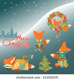 Cute little fox celebrating Christmas. Vector collection