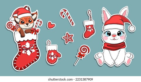 Cute little fox in Christmas sock  Cartoon bunny  Christmas stickers set  Vector illustration