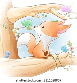 cute little fox climbing tree with birds
