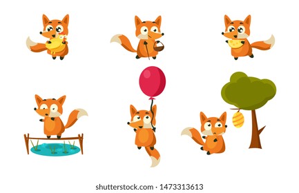 Cute Little Fox Doing Different Activities Set, Adorable Forest Animal Character in Different Situations Vector Illustration