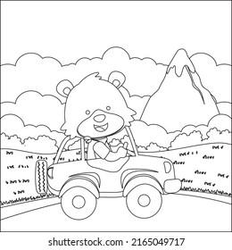 Cute little fox driving a car go to forest funny animal cartoon,  Trendy children graphic with Line Art Design Hand Drawing Sketch Vector illustration For Adult And Kids Coloring Book.
