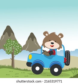 Cute little fox driving a car go to forest funny animal cartoon. Creative vector childish background for fabric, textile, nursery wallpaper, poster, card, brochure. and other decoration.