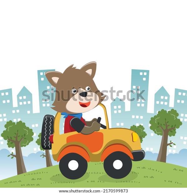 Cute little fox driving a car go to downtown\
funny animal cartoon. Creative vector childish background for\
fabric, textile, nursery wallpaper, poster, card, brochure. and\
other decoration.