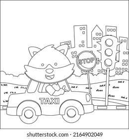 Cute little fox driving a taxy go to downtown, funny animal cartoon,  Trendy children graphic with Line Art Design Hand Drawing Sketch Vector illustration For Adult And Kids Coloring Book.