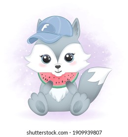 Cute little fox eating watermelon hand drawn cartoon illustration