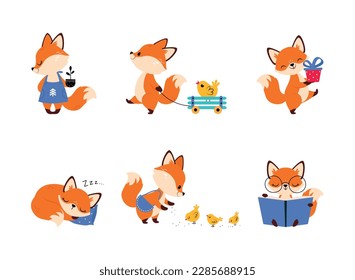 Cute Little Fox Engaged in Different Activity Vector Set