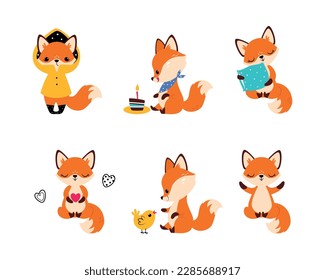 Cute Little Fox Engaged in Different Activity Vector Set