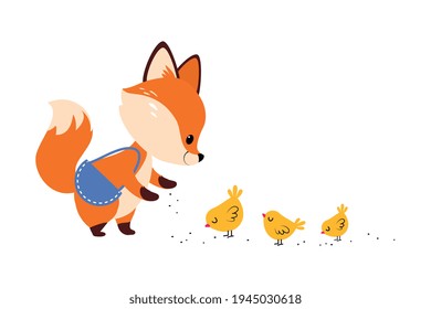 Cute Little Fox Feeding Chicks with Grain Vector Illustration