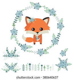 Cute little fox. Floral wreath with tender decorative herbs and green leaves. Vector  illustration 