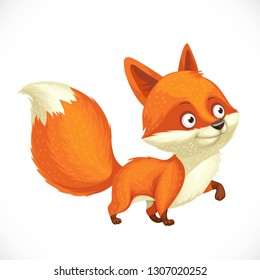 Cute little fox with fluffy tail stands on a white background