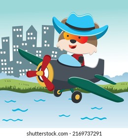 Cute little fox flying in airplane cartoon hand drawn vector illustration. Can be used for t-shirt printing, children wear fashion designs, baby shower invitation cards and other decoration. 