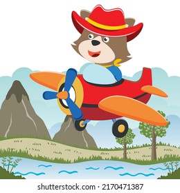 Cute little fox flying in airplane cartoon hand drawn vector illustration. Can be used for t-shirt printing, children wear fashion designs, baby shower invitation cards and other decoration. 