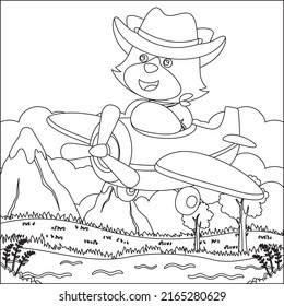 Cute little fox flying on airplane, cartoon hand drawn vector illustration. Cartoon isolated vector illustration, Creative vector Childish design for kids activity colouring book or page.