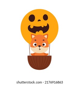 Cute little fox flying on Halloween hot air balloon. Cartoon animal character for kids t-shirts, nursery decoration, baby shower, greeting card, invitation. Vector stock illustration