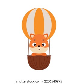 Cute Little Fox Flying On Hot Air Balloon. Cartoon Animal Character For Kids T-shirts, Nursery Decoration, Baby Shower, Greeting Card, Invitation, House Interior. Vector Stock Illustration