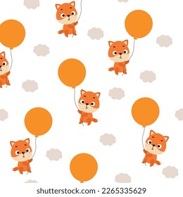 Cute little fox flying on balloon seamless childish pattern. Funny cartoon animal character for fabric, wrapping, textile, wallpaper, apparel. Vector illustration