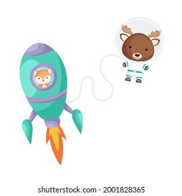 Cute little fox flying in turquoise rocket. Cartoon moose character in space costume with rocket on white background. Design for baby shower, invitation card, wall decor. Vector illustration