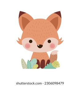 Cute little fox in the forest, funny cartoon character flat style element icon isolated on white background vector illustration